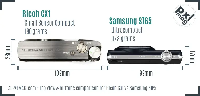 Ricoh CX1 vs Samsung ST65 top view buttons comparison