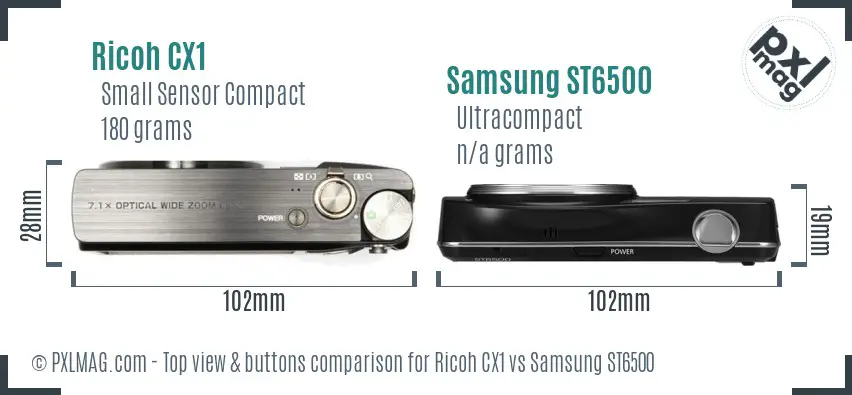 Ricoh CX1 vs Samsung ST6500 top view buttons comparison