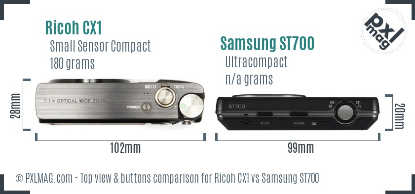 Ricoh CX1 vs Samsung ST700 top view buttons comparison