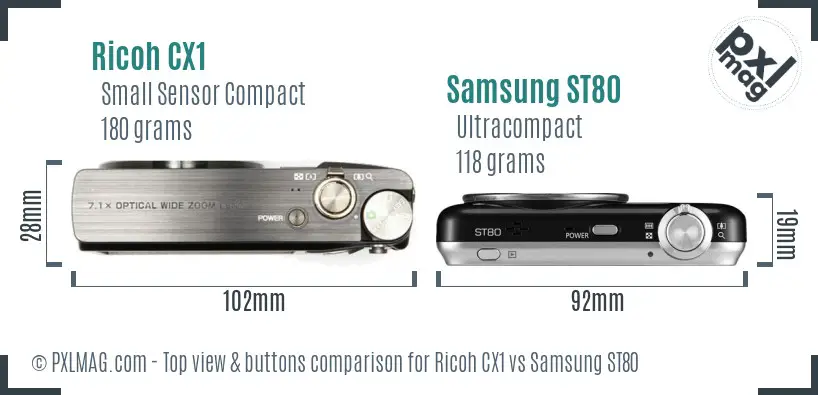Ricoh CX1 vs Samsung ST80 top view buttons comparison