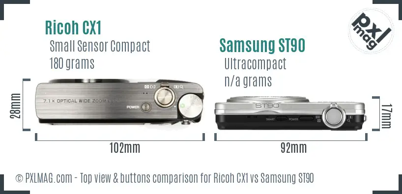 Ricoh CX1 vs Samsung ST90 top view buttons comparison