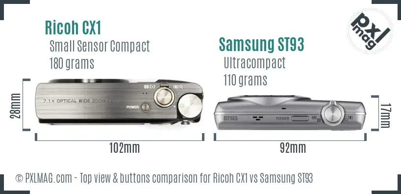 Ricoh CX1 vs Samsung ST93 top view buttons comparison