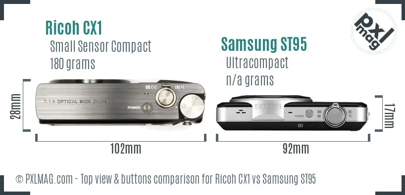 Ricoh CX1 vs Samsung ST95 top view buttons comparison