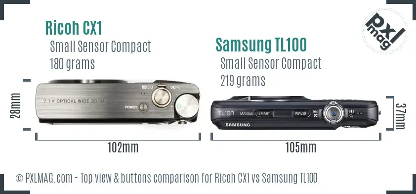 Ricoh CX1 vs Samsung TL100 top view buttons comparison