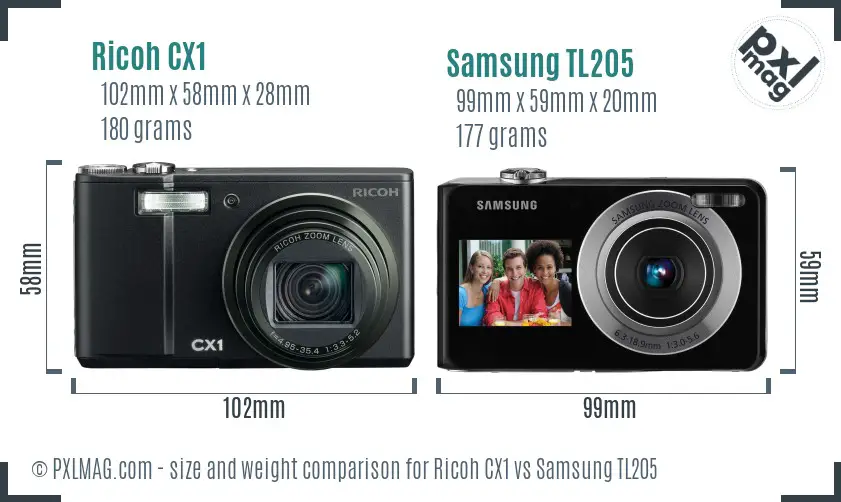 Ricoh CX1 vs Samsung TL205 size comparison