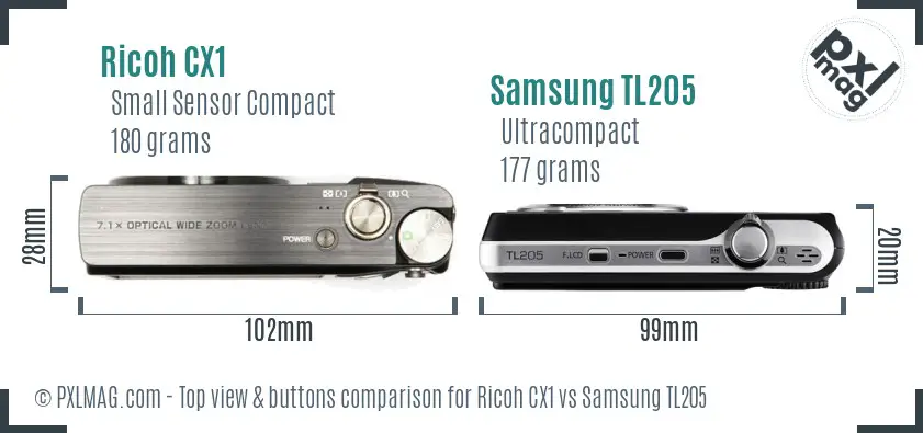 Ricoh CX1 vs Samsung TL205 top view buttons comparison
