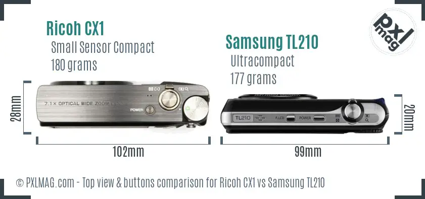 Ricoh CX1 vs Samsung TL210 top view buttons comparison