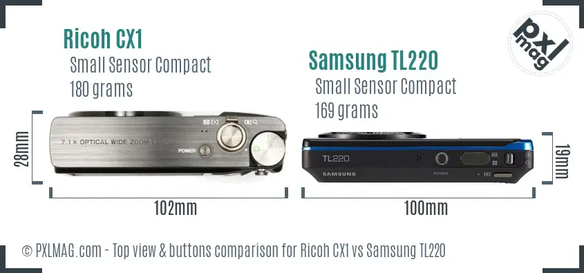 Ricoh CX1 vs Samsung TL220 top view buttons comparison