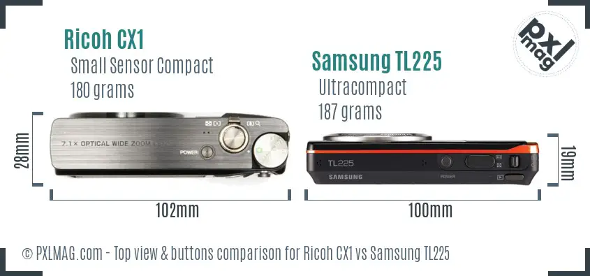 Ricoh CX1 vs Samsung TL225 top view buttons comparison