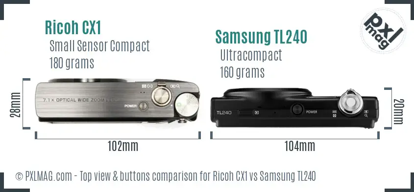 Ricoh CX1 vs Samsung TL240 top view buttons comparison