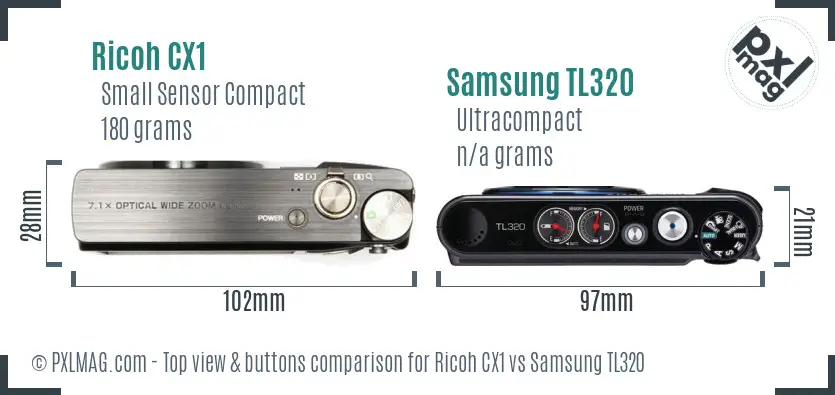 Ricoh CX1 vs Samsung TL320 top view buttons comparison