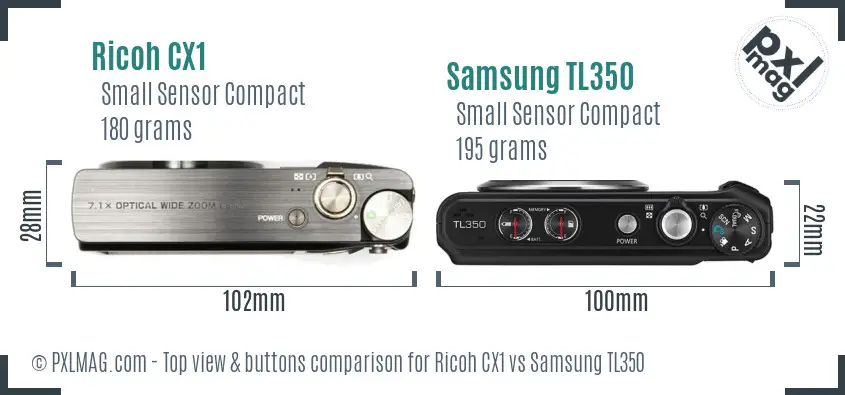 Ricoh CX1 vs Samsung TL350 top view buttons comparison