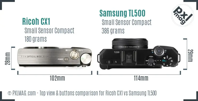 Ricoh CX1 vs Samsung TL500 top view buttons comparison