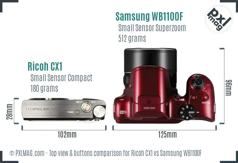 Ricoh CX1 vs Samsung WB1100F top view buttons comparison