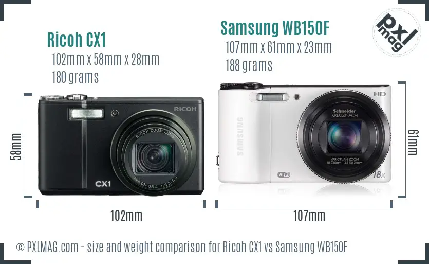 Ricoh CX1 vs Samsung WB150F size comparison