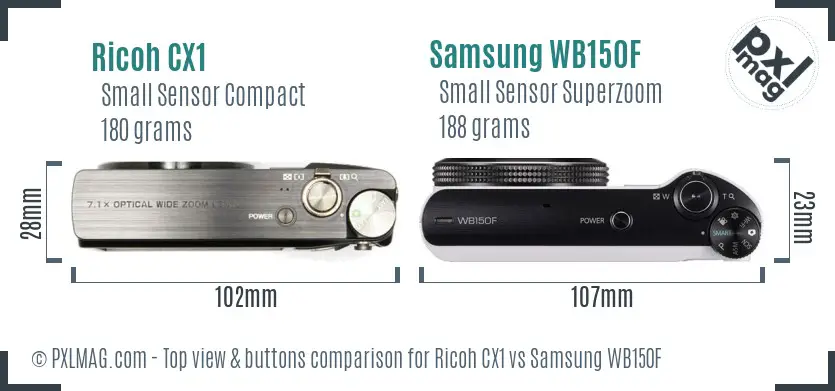 Ricoh CX1 vs Samsung WB150F top view buttons comparison