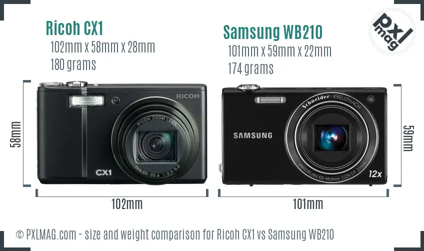 Ricoh CX1 vs Samsung WB210 size comparison