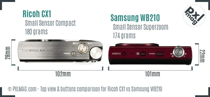 Ricoh CX1 vs Samsung WB210 top view buttons comparison