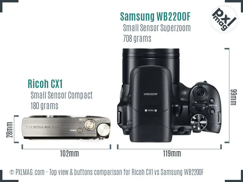 Ricoh CX1 vs Samsung WB2200F top view buttons comparison