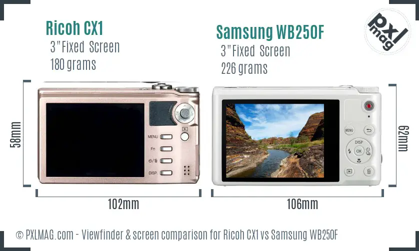 Ricoh CX1 vs Samsung WB250F Screen and Viewfinder comparison
