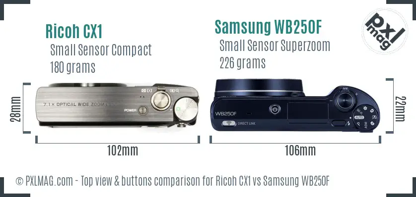 Ricoh CX1 vs Samsung WB250F top view buttons comparison