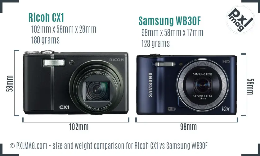 Ricoh CX1 vs Samsung WB30F size comparison