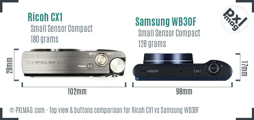 Ricoh CX1 vs Samsung WB30F top view buttons comparison
