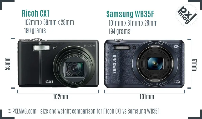 Ricoh CX1 vs Samsung WB35F size comparison