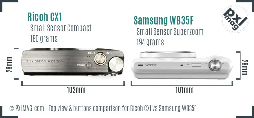 Ricoh CX1 vs Samsung WB35F top view buttons comparison