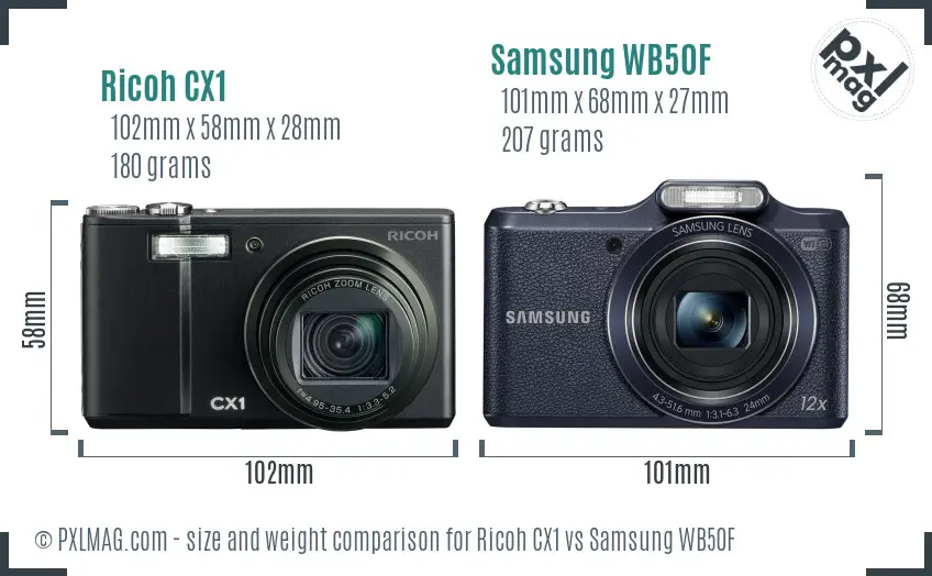 Ricoh CX1 vs Samsung WB50F size comparison