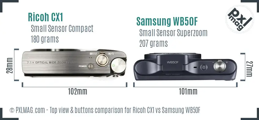 Ricoh CX1 vs Samsung WB50F top view buttons comparison