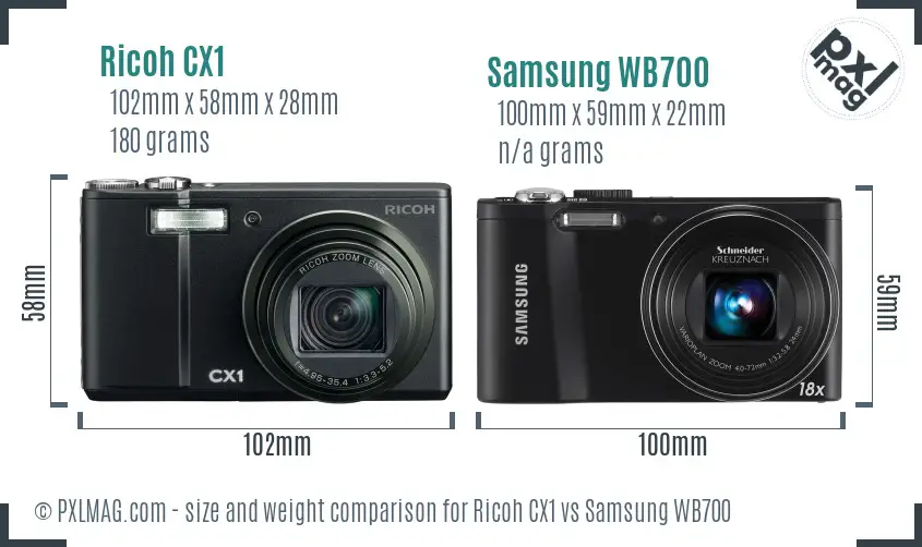 Ricoh CX1 vs Samsung WB700 size comparison