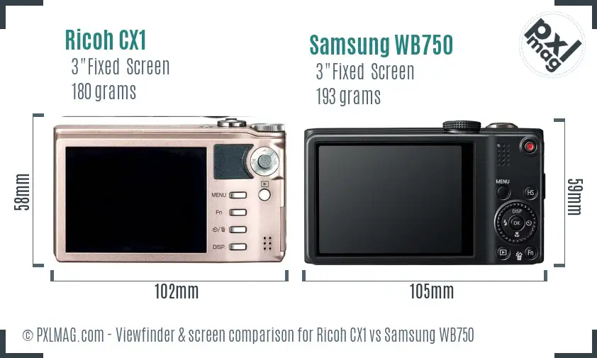 Ricoh CX1 vs Samsung WB750 Screen and Viewfinder comparison
