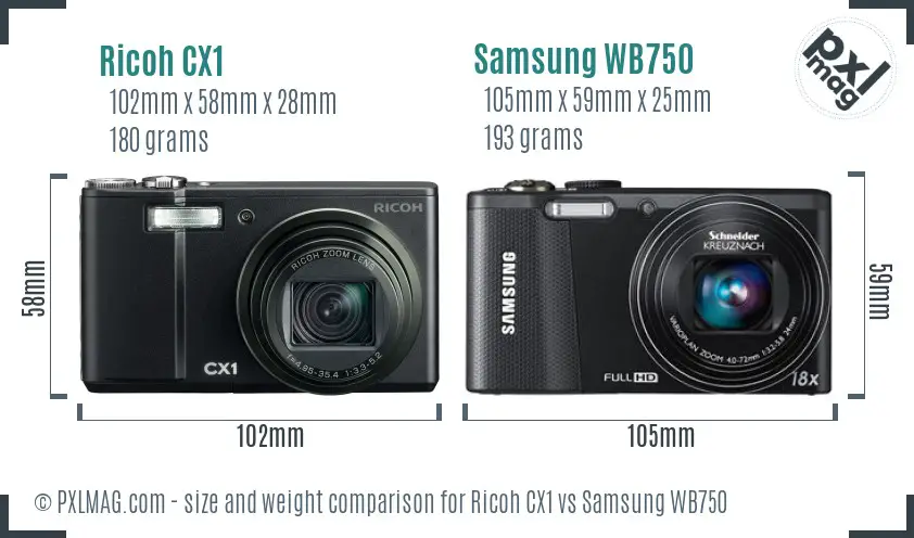 Ricoh CX1 vs Samsung WB750 size comparison