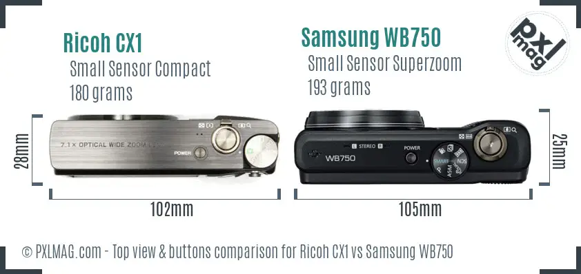 Ricoh CX1 vs Samsung WB750 top view buttons comparison