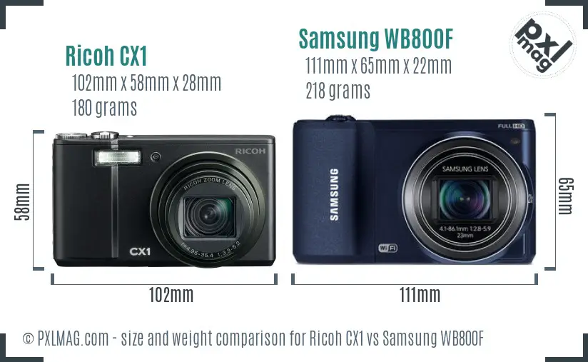 Ricoh CX1 vs Samsung WB800F size comparison