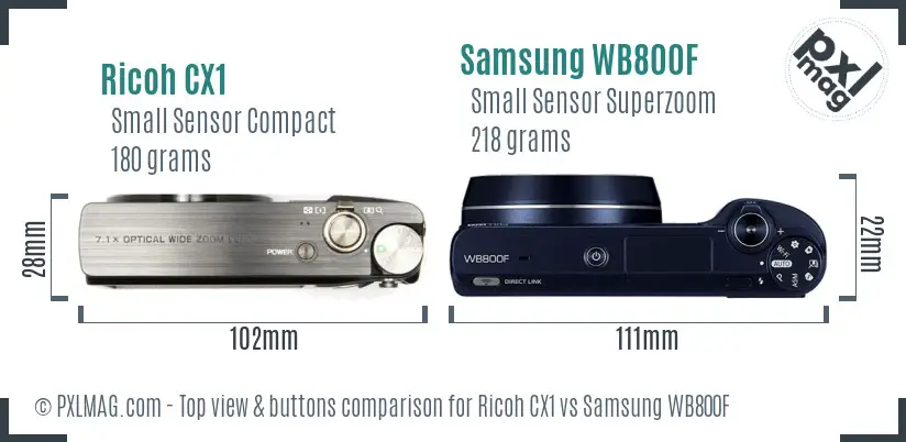 Ricoh CX1 vs Samsung WB800F top view buttons comparison