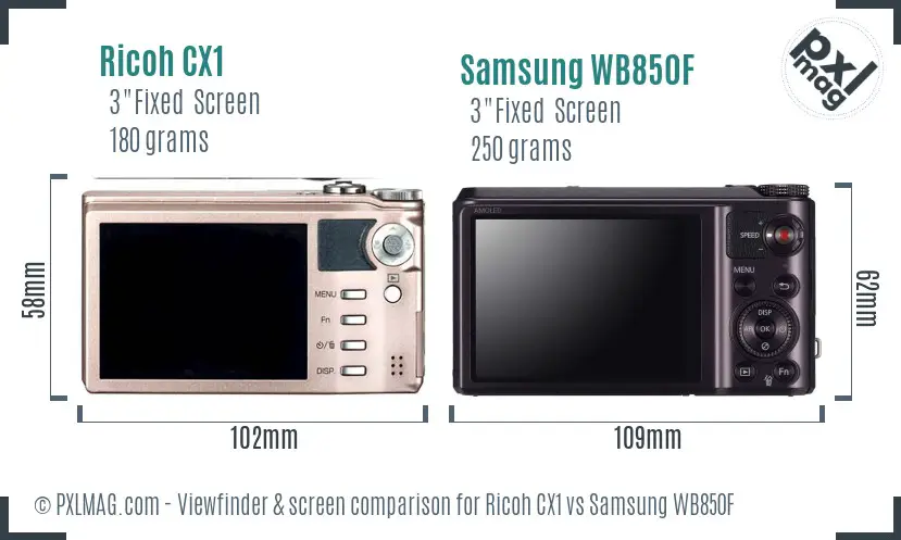 Ricoh CX1 vs Samsung WB850F Screen and Viewfinder comparison