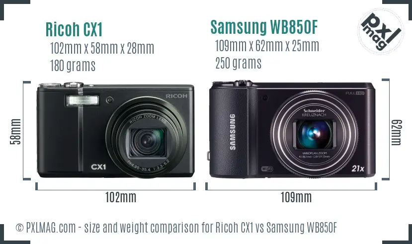 Ricoh CX1 vs Samsung WB850F size comparison