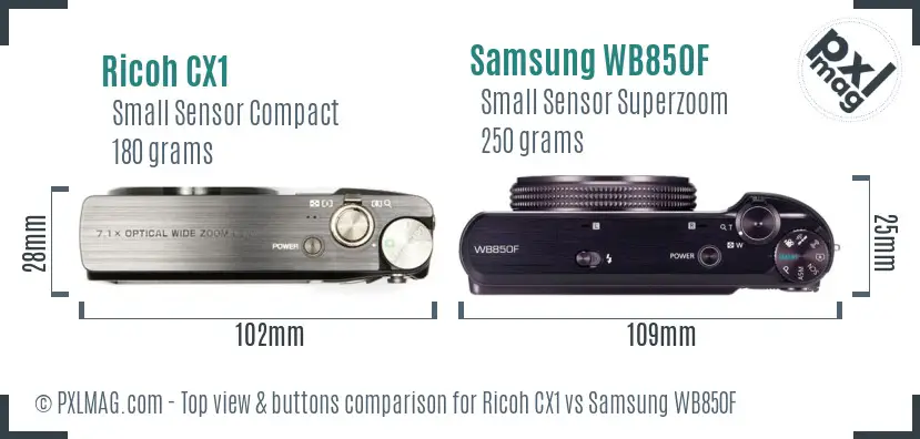 Ricoh CX1 vs Samsung WB850F top view buttons comparison