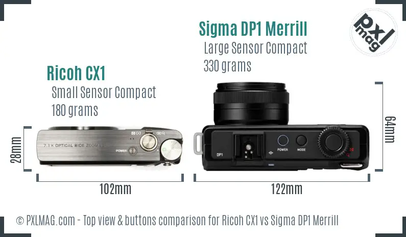 Ricoh CX1 vs Sigma DP1 Merrill top view buttons comparison