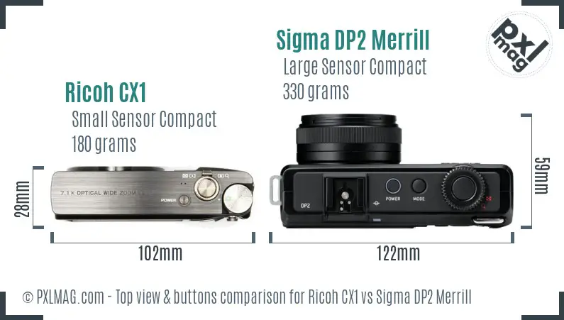 Ricoh CX1 vs Sigma DP2 Merrill top view buttons comparison