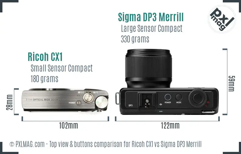 Ricoh CX1 vs Sigma DP3 Merrill top view buttons comparison