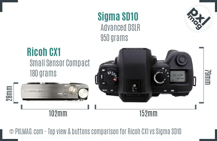Ricoh CX1 vs Sigma SD10 top view buttons comparison