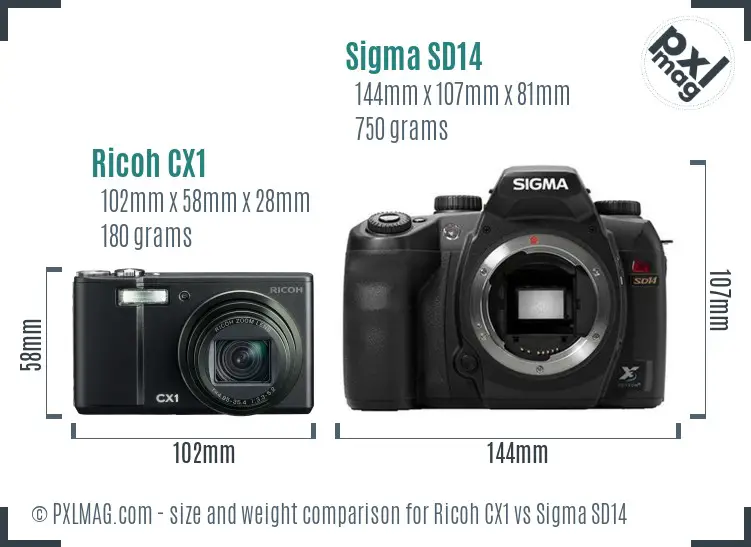 Ricoh CX1 vs Sigma SD14 size comparison