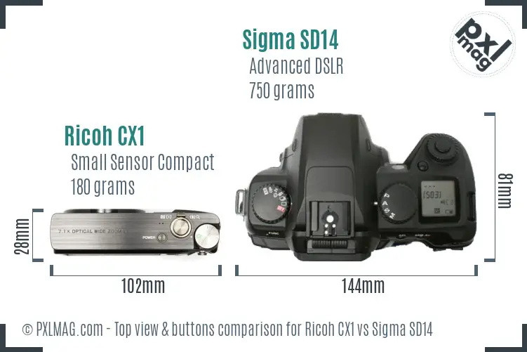 Ricoh CX1 vs Sigma SD14 top view buttons comparison