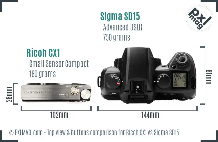Ricoh CX1 vs Sigma SD15 top view buttons comparison