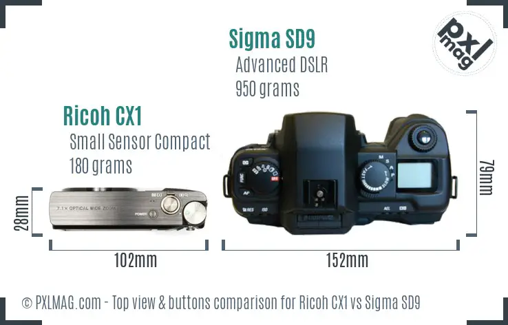 Ricoh CX1 vs Sigma SD9 top view buttons comparison