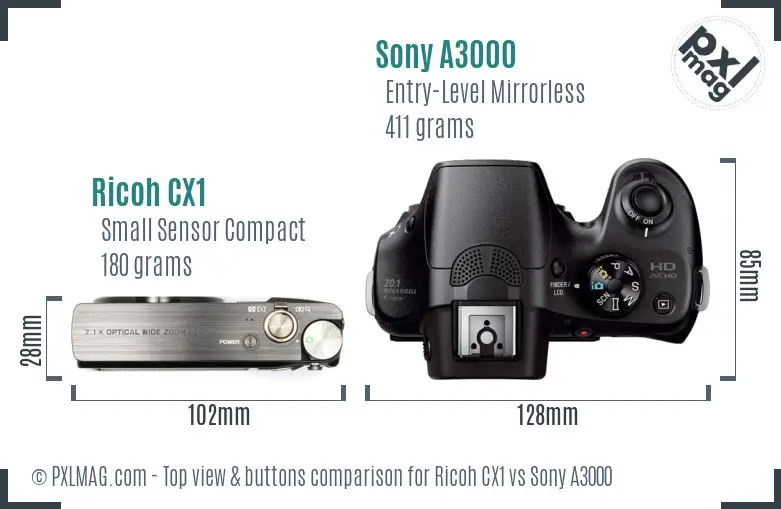 Ricoh CX1 vs Sony A3000 top view buttons comparison