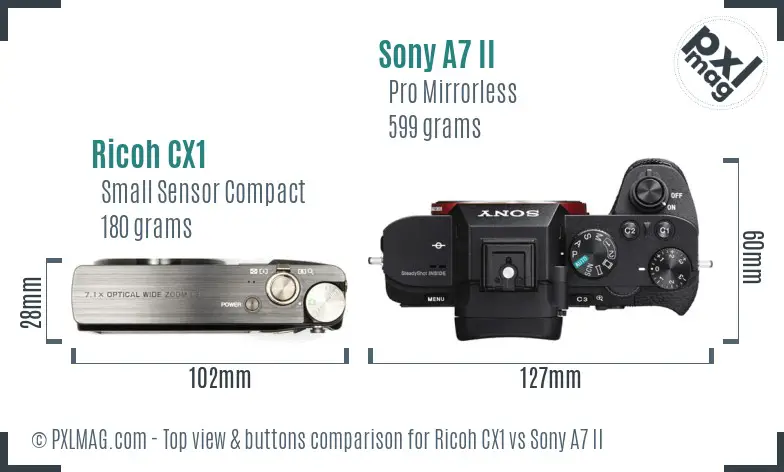 Ricoh CX1 vs Sony A7 II top view buttons comparison